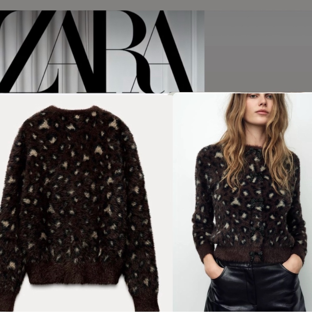 Zara Brown and Cream Fuzzy Leopard-Spot Sweater